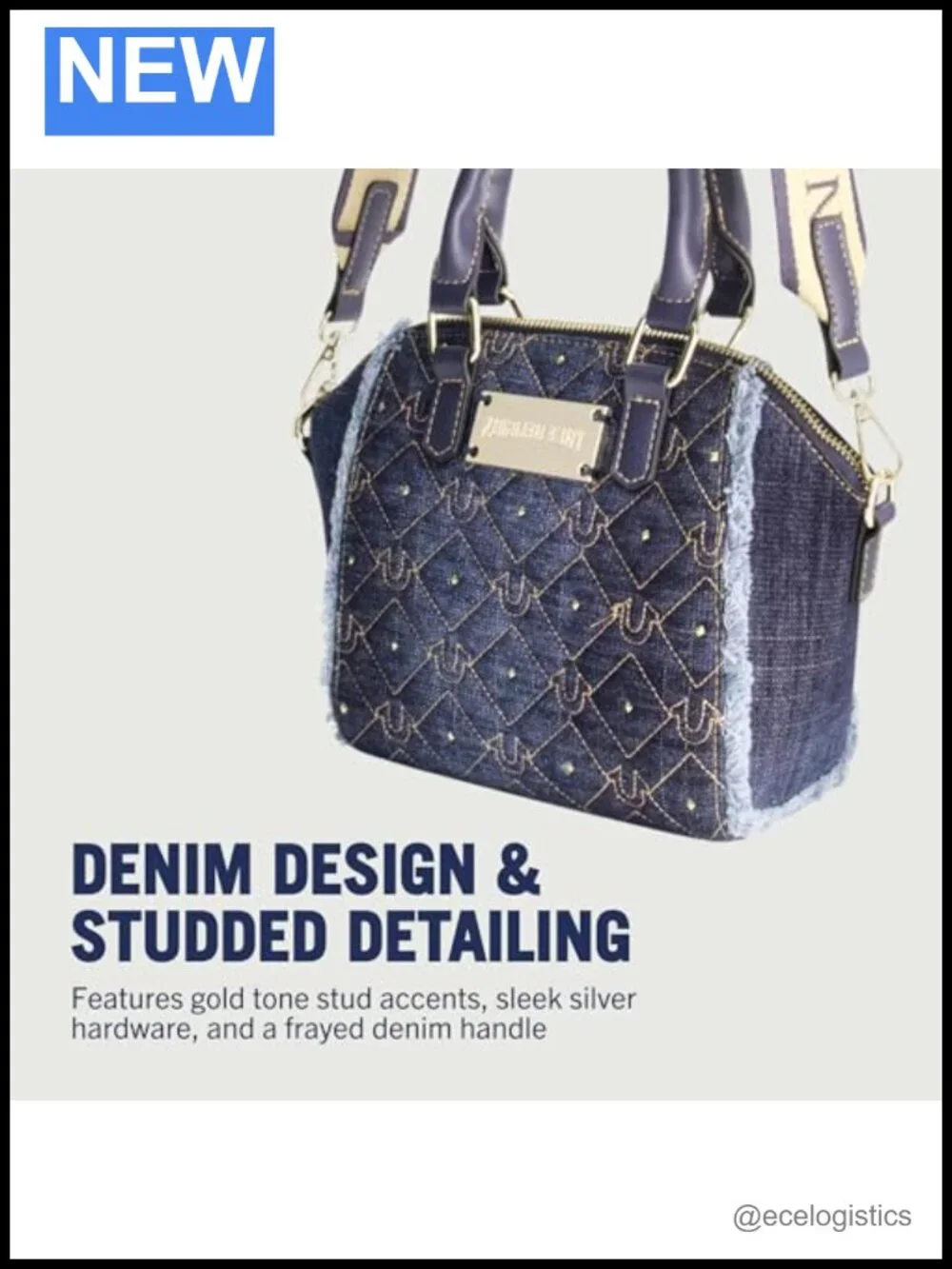 Quilted Denim Satchel with Gold Stud Accents, Adjustable Strap